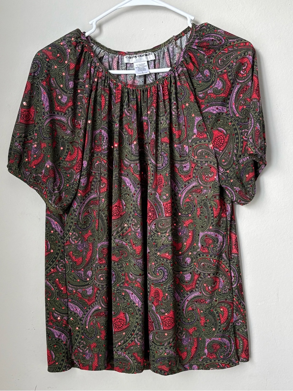 Cathy Daniels L Paisley Sequin Blouse Red Purple Olive Elastic Neck 3/4 Sleeve